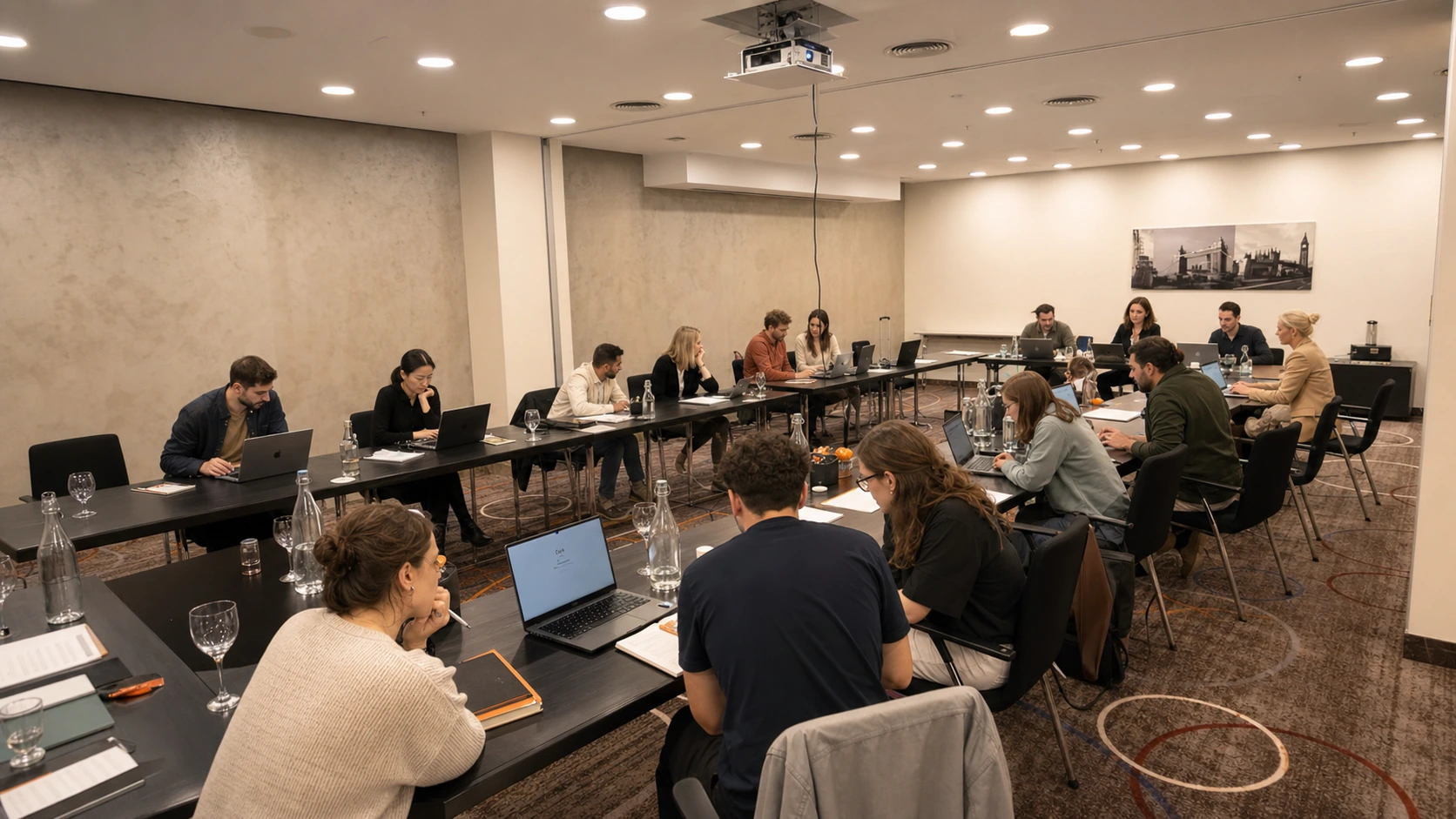 Teilnehmende arbeiten gemeinsam an ihren Laptops
