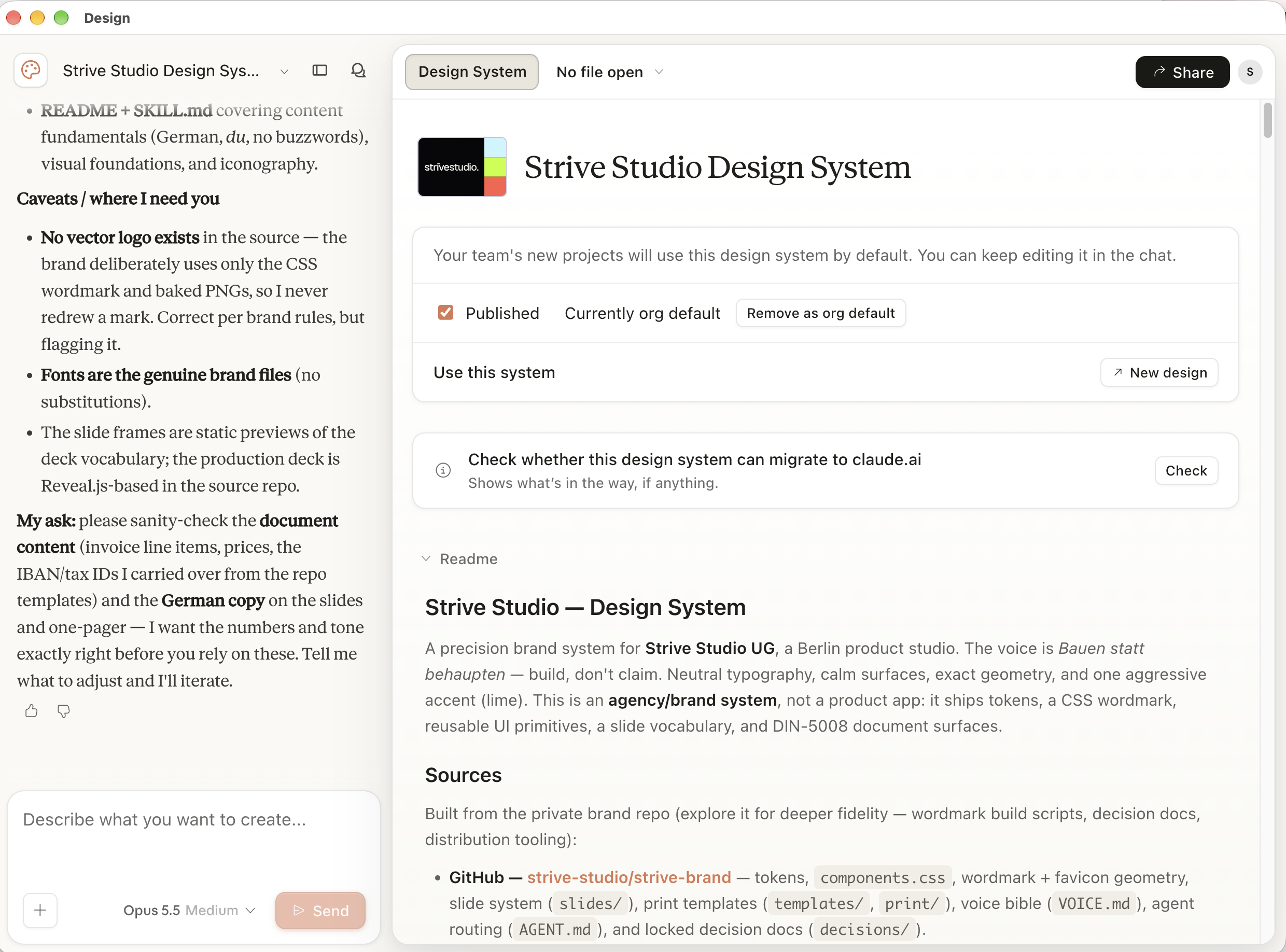 Claude Design mit Chat und dem Strive Studio Design System aus dem vom Nutzer bereitgestellten Screenshot