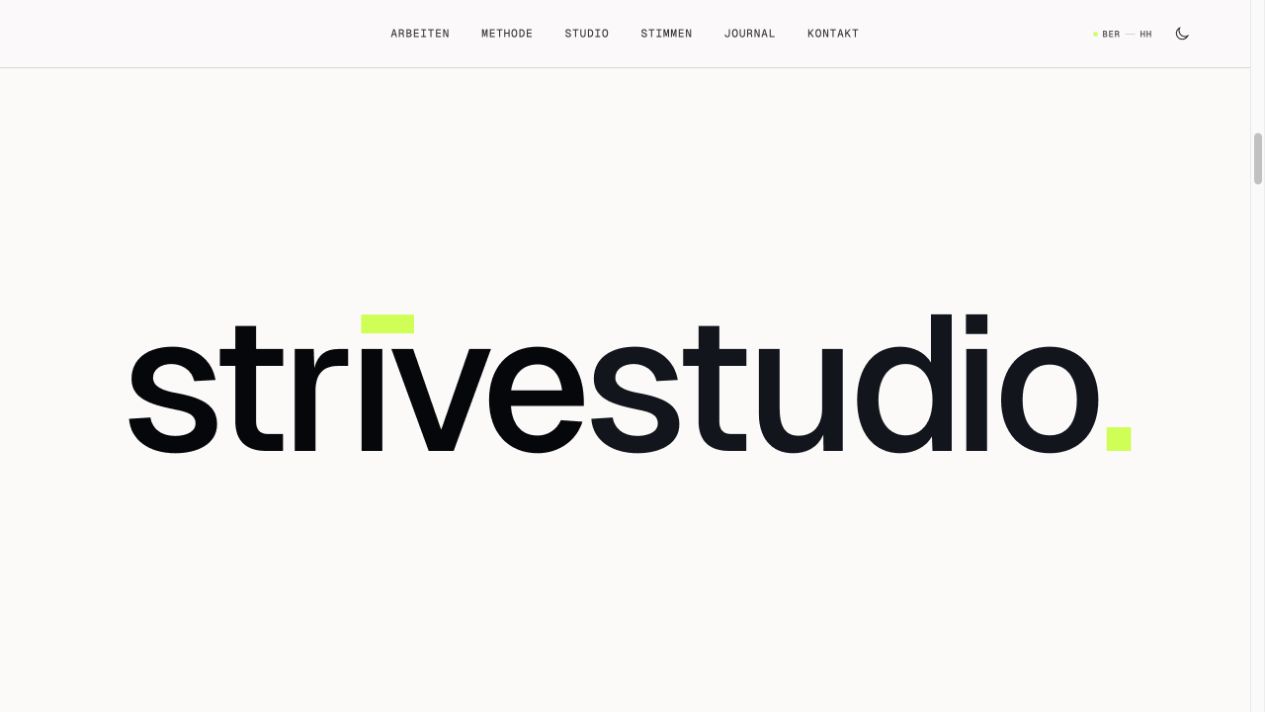 Strive Studio Startseite mit Navigation, großer Wortmarke und limettengrünem Akzent