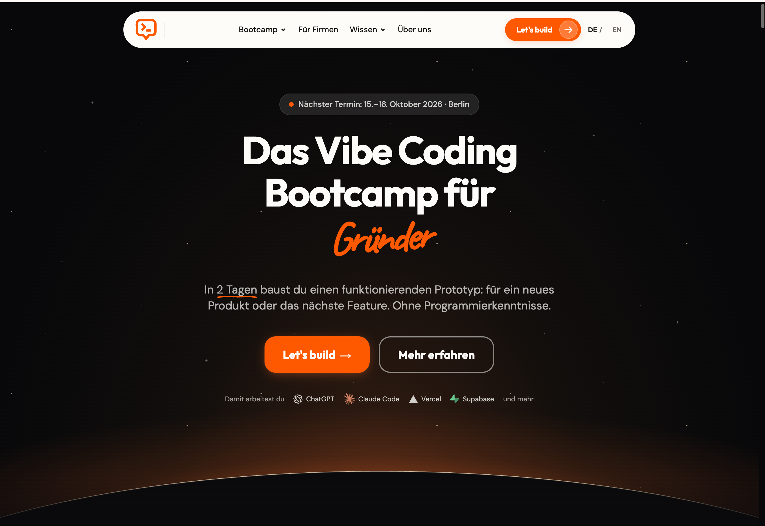 Große Ansicht der buildwithvibe Bootcamp-Umsetzung mit eigener Headline, Markenfarben und Buttons